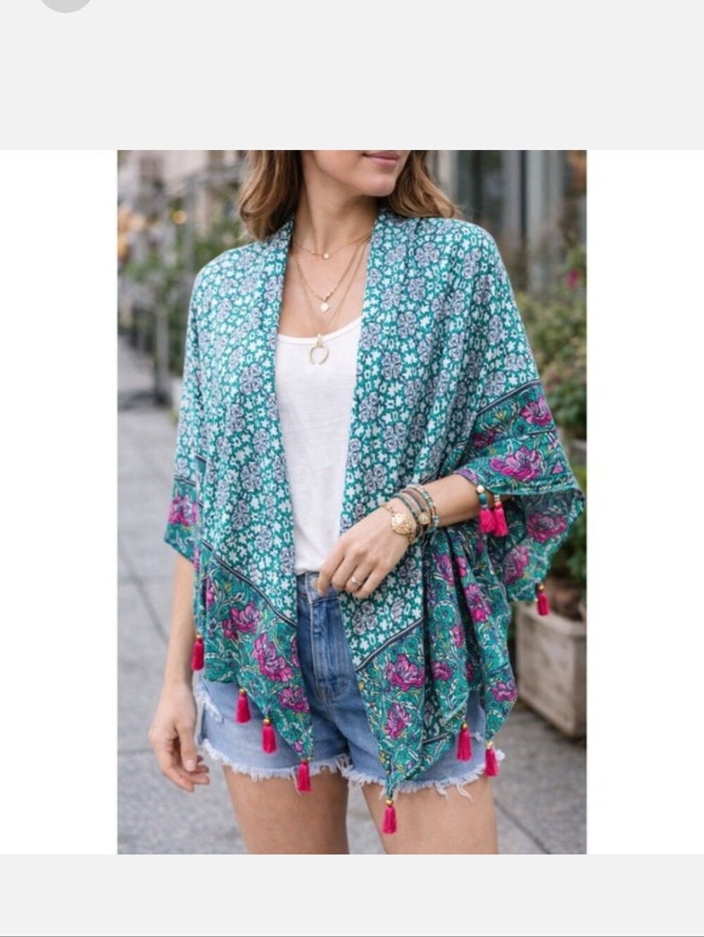 Moss Rose Teal Floral Tassel Kimono Cover-Up